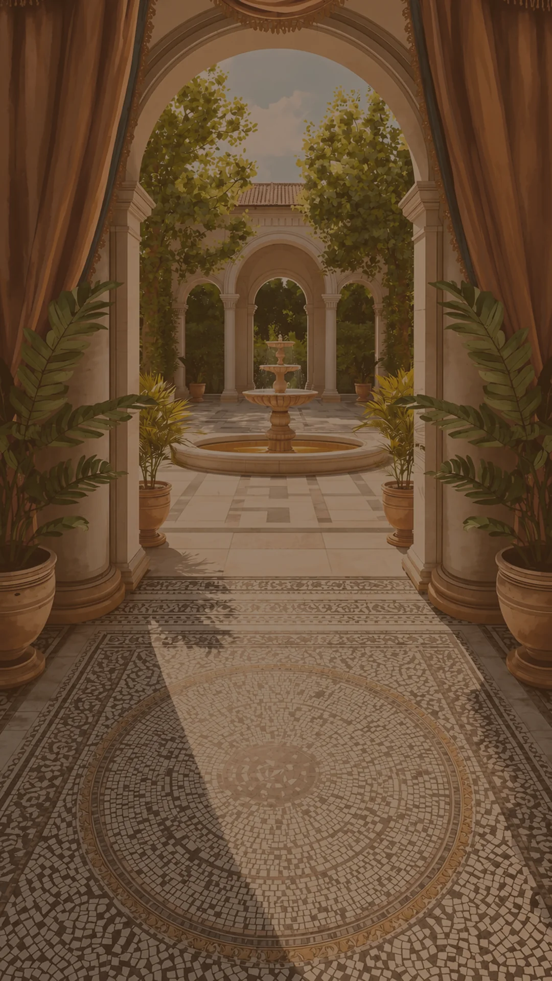 A sunlit courtyard with a fountain, seen through an arch